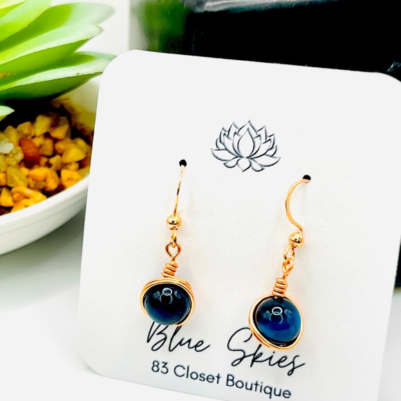 Rose Gold Blue Tigers Eye Earrings - Picture 1 of 8